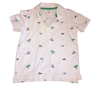GAP Kids S White Polo Shirt Surfer Shark & Palm Tree Print Cotton Short Sleeve